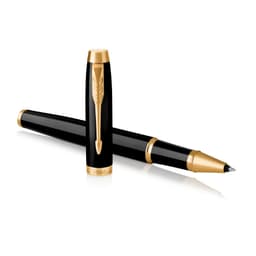 A black lacquer rollerball pen with gold accents, featuring a branded clip and a sleek design.