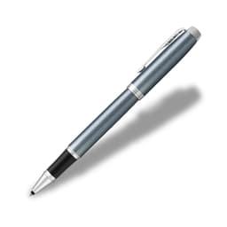 A rollerball pen in blue-grey with silver accents and a clip, featuring a sleek design.