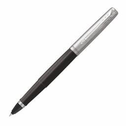 A roller ball pen in black with a silver cap, featuring a subtle branding logo.