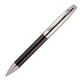 A ballpoint pen with a carbon fibre barrel and silver accents, featuring a sleek, modern design and a logo.