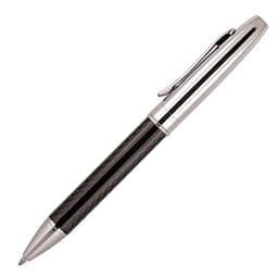 A metal ballpoint pen featuring a carbon fibre barrel and silver accents. It has a sleek, modern design.