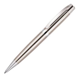 A metal ballpoint pen in silver and chrome with a sleek design and a clip. It features a logo on the body.