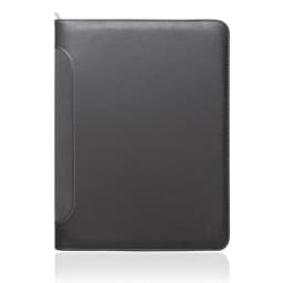 A black A4 executive zipper folder with a textured surface and contrasting stitching, featuring a side pocket and branding.