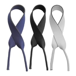Three sunglasses straps made of neoprene in navy blue, black, and grey, featuring a logo on one strap.
