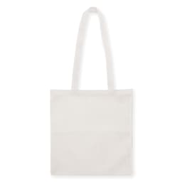 A plain white non-woven tote bag with long handles and no gusset. It features a logo on one side.
