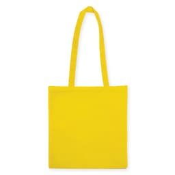 A yellow non-woven tote bag without a gusset, featuring long handles and a simple design.
