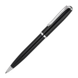 A metal ballpoint pen in black with silver accents, featuring a sleek design and a clip.