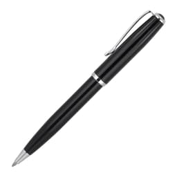 A black metal ballpoint pen with silver accents and a clip, featuring a sleek, elegant design.