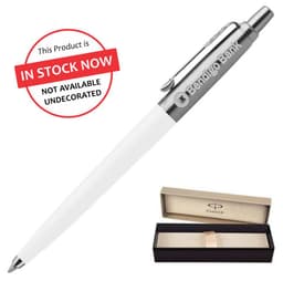 A metal ballpoint pen in white with a silver trim, presented in a black box, featuring a logo on the pen.