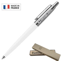 A metal ballpoint pen in white with a silver clip, featuring a logo and presented in a gold box.