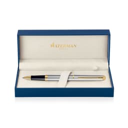 A brushed stainless steel rollerball pen with gold accents, presented in a blue gift box.