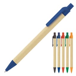 A ballpoint pen with a recycled paper barrel, featuring a blue clip and available in multiple colours.