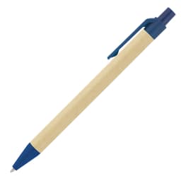 A ballpoint pen with a recycled paper barrel and blue plastic accents. It features a logo on the clip.