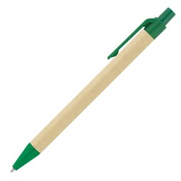 A green and beige ballpoint pen made from recycled paper, featuring a logo on the barrel.