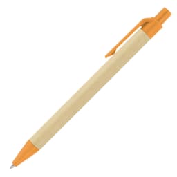 A ballpoint pen with a recycled paper body and orange plastic accents. It features a clip for easy attachment.