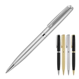 A metal ballpoint pen in silver, accompanied by black, gold, and brushed silver variants. It has a clip and a sleek design.