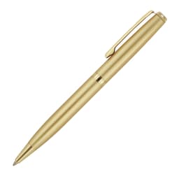 A gold ballpoint pen with a sleek design and a clip, featuring a branding logo.