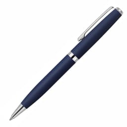 A navy blue ballpoint pen with a silver clip and band, featuring a sleek, modern design.