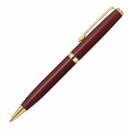 A maroon metal ballpoint pen with gold accents and a clip. It features a sleek, elegant design and includes a logo.