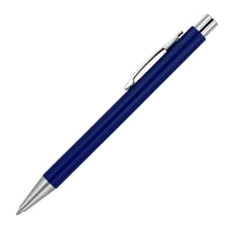 A blue ballpoint pen with a silver clip and tip, featuring a sleek design and a logo.