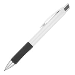 A ballpoint pen in white with a black rubber grip and silver accents. It features a clip and a logo.