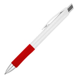 A ballpoint pen with a white body, red grips, and a silver clip, featuring a branding logo.