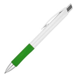 A ballpoint pen with a white body and green grip, featuring a silver clip and tip. Includes a logo on the barrel.