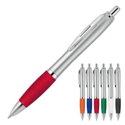 A silver ballpoint pen with a silicone grip in red, alongside various other coloured pens. Includes branding on the pens.