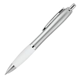 A silver ballpoint pen with a silicone grip and chrome accents, featuring a logo on the body.