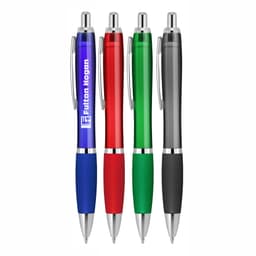 A collection of four ballpoint pens with silicone grips in blue, red, green, and black, featuring a logo on one pen.