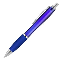A blue ballpoint pen with a silicone grip and transparent barrel, featuring silver accents and a branding logo.