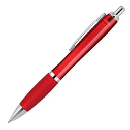 A red ballpoint pen with a shiny transparent barrel and a silicone grip featuring silver accents. It has a logo.