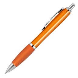 An orange ballpoint pen with a transparent barrel and silicone grip, featuring a silver clip and tip. Includes a logo.