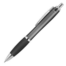 A transparent grey ballpoint pen with a silicone grip and silver accents. The pen features a clip and a sleek design.