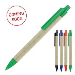 A ballpoint pen with a recycled paper body and green cap, available in multiple colours with a logo.