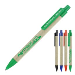 A recycled paper ballpoint pen in sage green, accompanied by a selection of pens in black, blue, red, and orange.
