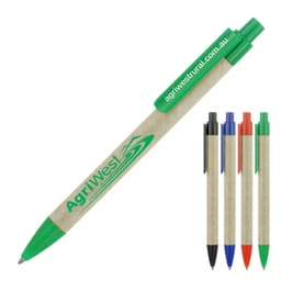 A ballpoint pen with a recycled paper body in sage green, featuring a logo and four ink colours: black, blue, and orange.