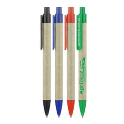 A set of four ballpoint pens with recycled paper barrels in black, blue, red, and green, featuring a logo.