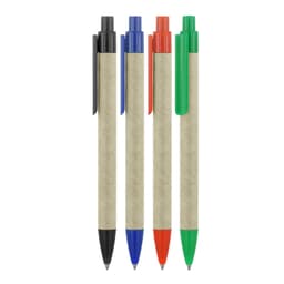 A selection of ballpoint pens with recycled paper barrels in black, blue, orange, and green. Each pen features a clip.