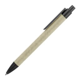 A ballpoint pen made from recycled paper with a sage green barrel and black accents, featuring a logo.