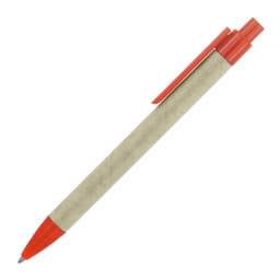 A ballpoint pen featuring a recycled paper body in sage green with orange accents and a matching clip.
