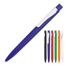 A ballpoint pen in purple, with a white clip, alongside black, green, orange, red, and white variants.