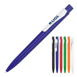 A ballpoint pen in blue, featuring a clip and branding, alongside pens in black, red, green, orange, and white.