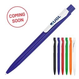 A ballpoint pen in white and blue, with a logo and available in various colours: black, green, orange, red, and white.