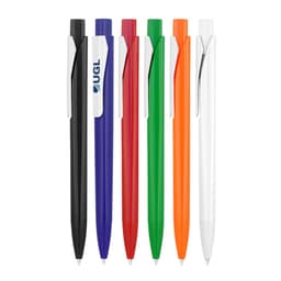 A display of six Plastic Ballpoint Pens in black, blue, red, green, orange, and white, featuring a logo on one pen.