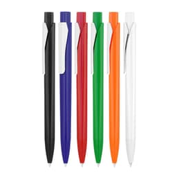 A collection of ballpoint pens in black, blue, red, green, orange, and white, featuring a clip and smooth design.
