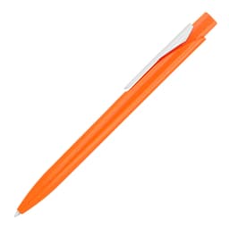 An orange ballpoint pen with a white clip, featuring a simple design and a smooth finish.