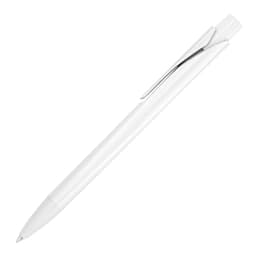 A white ballpoint pen with a silver clip and a sleek design, featuring a logo on its body.
