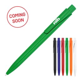 A green ballpoint pen with a clip, accompanied by additional pens in black, blue, red, orange, and clear.