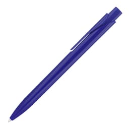 A blue ballpoint pen with a sleek design and a clip, featuring a logo on the barrel.
